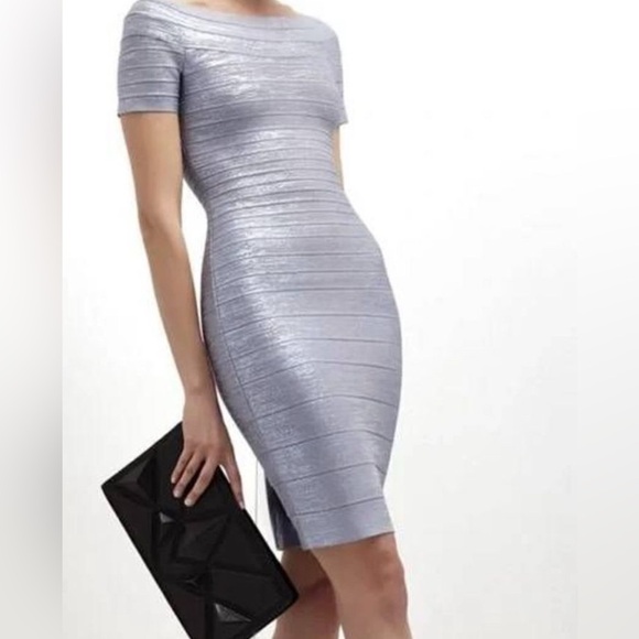 Herve Leger Carmen Mini Dress bandage bodycon sugar plum S lilac gray metallic - Picture 5 of 8